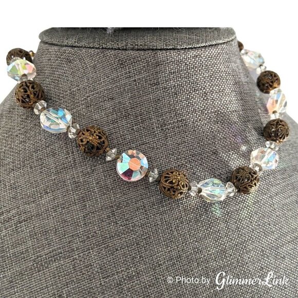 Vintage 1960s Lisner Aurora Borealis & Filigree Beads Choker Necklace - Picture 1 of 12